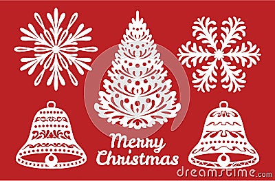 Set of Christmas or New Year decoration. Snowflakes, bells, Christmas tree. Templates for laser cutting, plotter cutting or printi Vector Illustration
