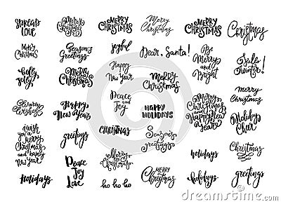 Set of Christmas and New Year design lettering. Handwritten XMAS wishes. Hand drawn signs for greeting card, invitation. Vector Illustration