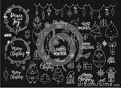 Set of Christmas and New Year doodle holiday characters and elements. Funny cute design. Vector Illustration