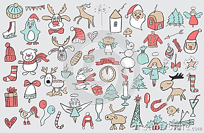 Set of Christmas and New Year doodle holiday characters and elements. Funny cute design. Vector illustration Cartoon Illustration