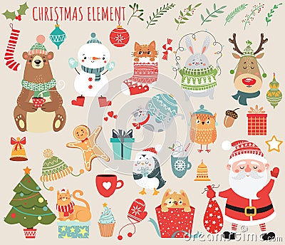 Set of Christmas and New Year elements with animals and Santa Vector Illustration