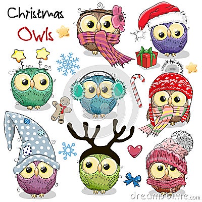 Set of Christmas owls on a white background Vector Illustration