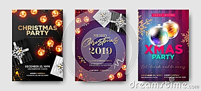 Set of Christmas Party 2019 Invitations. Winter Composition. Vector Illustration