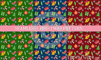 Set Christmas Pattern Seamless. Bell, gift, toy, Christmas tree Stock Photo