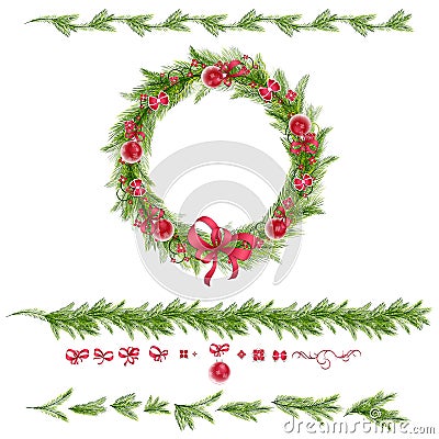 Set of christmas pine twigs and holiday decorations Vector Illustration