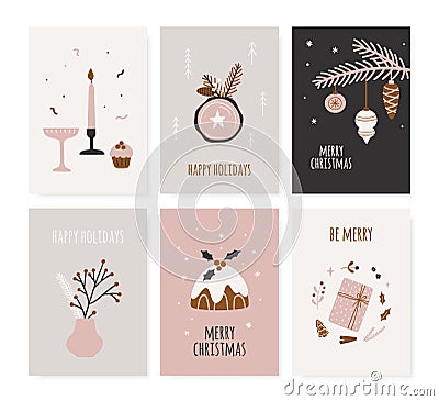 Set of Christmas posters. Hand drawn greeting cards. Vector Illustration