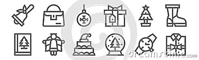 Set of 12 christmas presents icons. outline thin line icons such as shirt, snow globe, angel, christmas tree, ball, handbag Vector Illustration