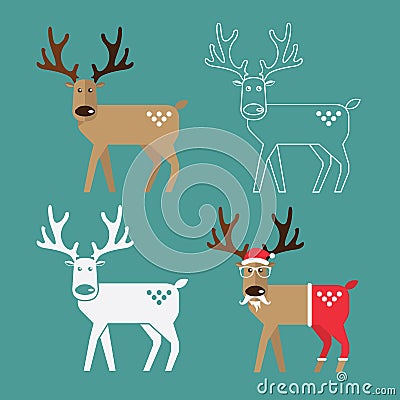 Set of Christmas Reindeer in flat design. Vector Illustration