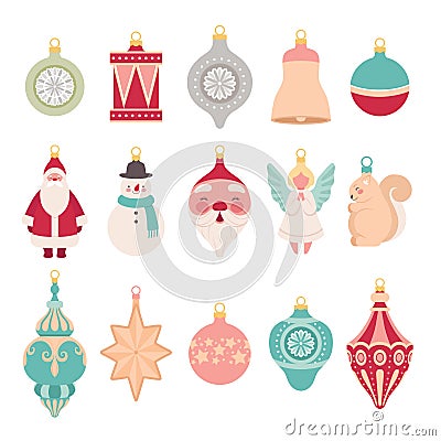 Set of Christmas retro toys for decorating the Christmas tree. New Year`s elements Vector Illustration