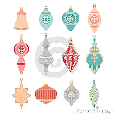 Set of Christmas retro toys for decorating the Christmas tree. New Year`s elements Vector Illustration