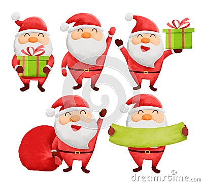 Set of christmas santa claus illustrations isolated on white. Watercolor santa claus christmas and new year character Vector Illustration