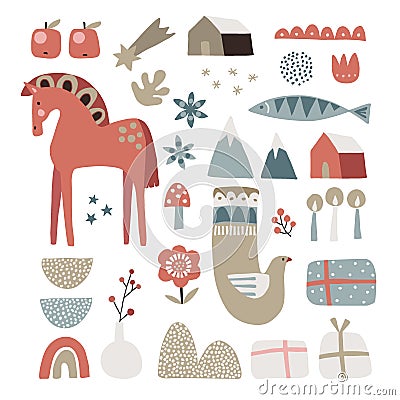 Set of Christmas Scandinavian animals and natural elements. Dala horse, dove bird, fish, gift boxes, flowers, candles Vector Illustration