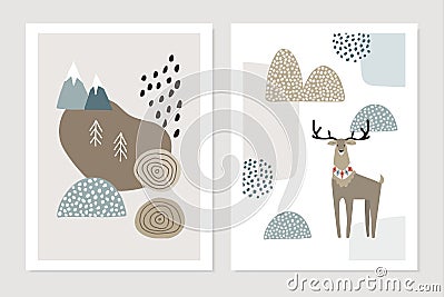 Set of Christmas Scandinavian greeting cards, invitations. Abstract winter textured landscape with reindeer, fir trees Vector Illustration