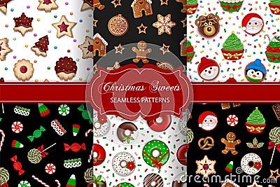 Set of christmas seamless patterns with sweets. collection of textures with christmas candies, cookies, gingerbreads and cakes Vector Illustration