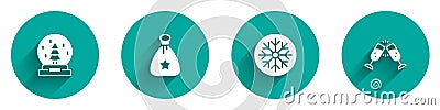 Set Christmas snow globe, Santa Claus bag gift, Snowflake and Glass of champagne icon with long shadow. Vector Vector Illustration