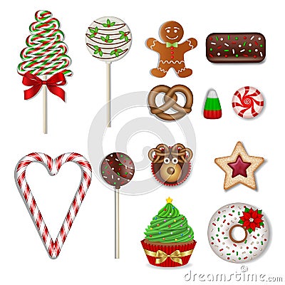 Set of christmas sweets. isolated lollipops, candies, chocolates, cookies and cakes Vector Illustration