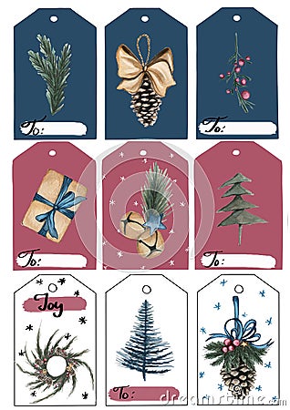 A set of Christmas tags. Blue, red and white tags with Christmas objects. And spaces for writing. Cartoon Illustration