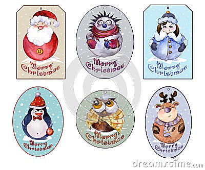 Set of Christmas tags with Santa, Snow Maiden and funny animals. Stock Photo