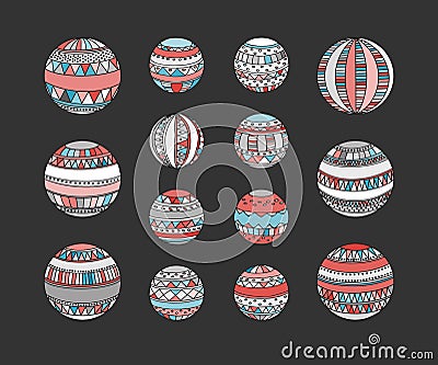 Set of Christmas toys decorated variously ornated stylized balls. Simple xmas tree decor symbol isolated vector Illustration Vector Illustration