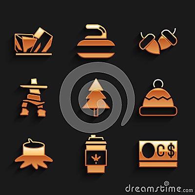 Set Christmas tree, Coffee cup to go, Canadian dollar, Beanie hat, Tree stump, Inukshuk, Acorn and Royal Ontario museum Vector Illustration