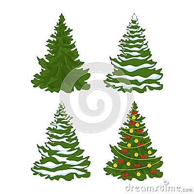 Set of Christmas trees with decorations of Christmas balls, in snow. Vector Illustration