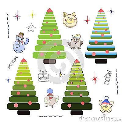 Set of Christmas trees piglets toys Vector Illustration