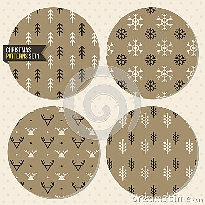 Set of christmas trees, snowflakes, reindeer, flowers seamless background pattern set Vector Illustration