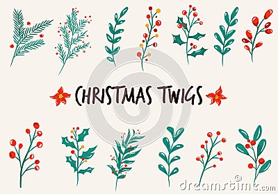 Set of Christmas twigs, branches, plants Vector Illustration