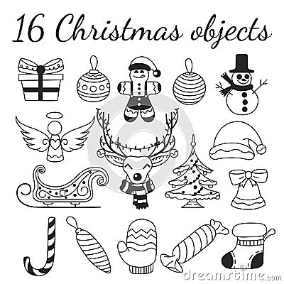 Set of 16 Christmas vector objects. Collection for creating Christmas patterns, backgrounds and illustrations. Vector Illustration