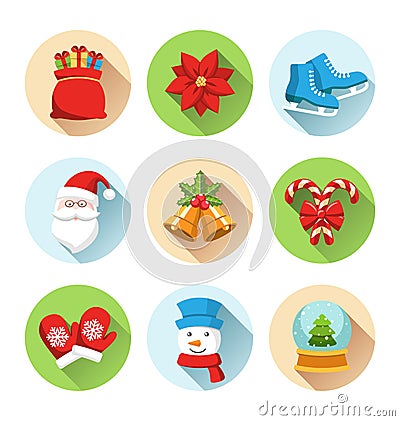 Set of Christmas Winter Circle Icons on White Vector Illustration