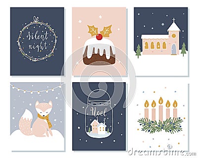 Set of Christmas and Winter Holidays Cards. Advent Wreath, Church and Lettering Signs. Vector Illustration Vector Illustration