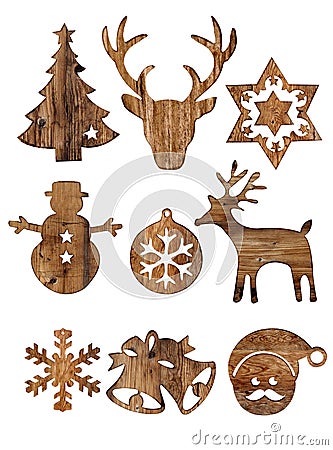 Set of christmas wood decorations isolate on white Stock Photo