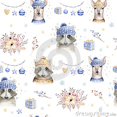 Set of Christmas Woodland Cute forest cartoon deer and cute raccoon animal character. Winter set of new year floral Stock Photo