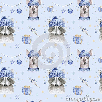 Set of Christmas Woodland Cute forest cartoon deer and cute raccoon animal character. Winter set of new year floral Stock Photo