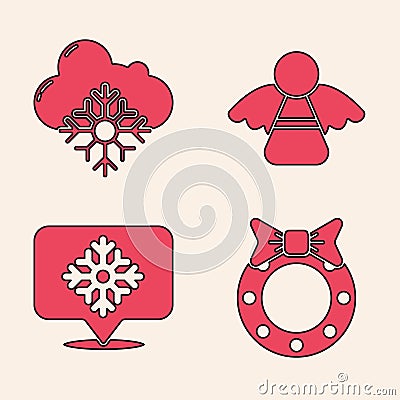 Set Christmas wreath, Cloud with snow, Christmas angel and Snowflake with speech bubble icon. Vector Vector Illustration