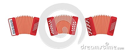 Set of Chromatic Button Accordions or Russian Bayan, Diatonic Melodeon and Piano Accordion, Harmonic, Jews-harp. Flat Vector Illustration