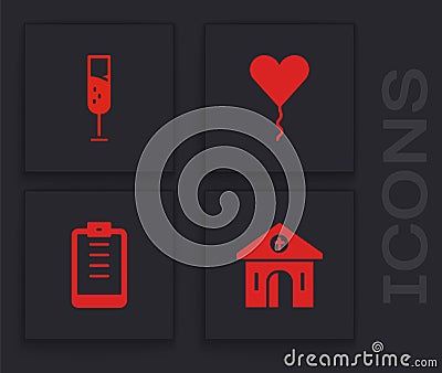 Set Church building, Glass of champagne, Balloon form heart and Clipboard with checklist icon. Vector Vector Illustration
