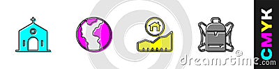 Set Church building, Global economic crisis, Rising cost of housing and Hiking backpack icon. Vector Vector Illustration