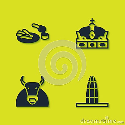 Set Churros and chocolate, Agbar tower, Bull and Crown of spain icon. Vector Vector Illustration