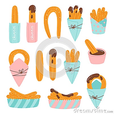 Set of churros in paper bags. Collection of Mexican churros. Vector illustration Vector Illustration