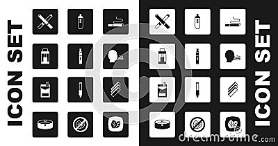 Set Cigarette, Electronic cigarette, Vape mod device, Man smoking, rolling papers and Cigarettes pack box icon. Vector Vector Illustration