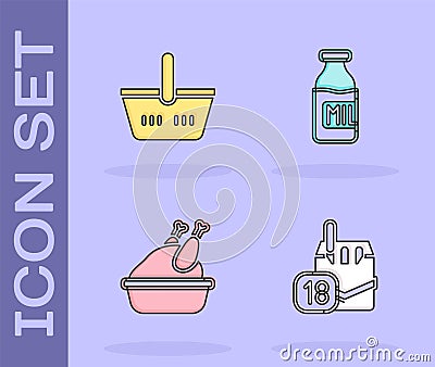 Set Cigarettes pack box, Shopping basket, Roasted turkey or chicken and Bottle with milk icon. Vector Vector Illustration