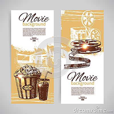 Set of cinema banners with hand drawn sketch illustrations Vector Illustration