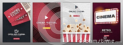 Set of Cinema banners with tickets, film strips, popcorn and theatre sign. Hand draw doodle background. Vector Illustration