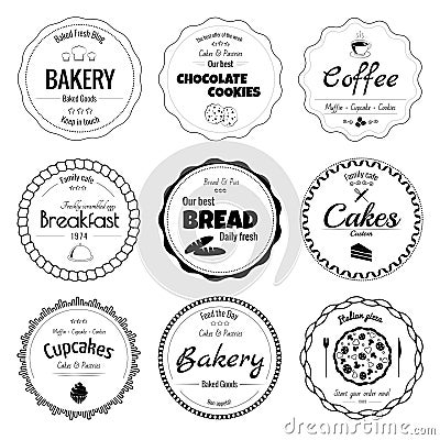 Set of 9 circle bakery labels Vector Illustration