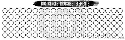 Set of 100 circle brushes elements. Different circle brush strokes. Grunge round shapes. Boxes, frames for text, labels, logo, Vector Illustration