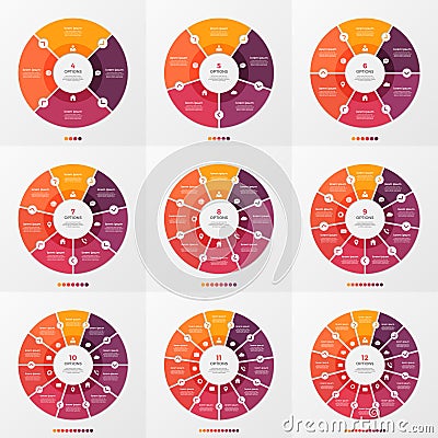 Set of circle chart infographic template with 4-12 options Vector Illustration