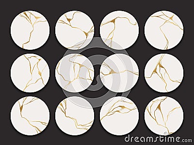 Set of circle gold kintsugi patterns. Japanese art of repairing broken pottery. Vector broken and cracks for home prints Vector Illustration