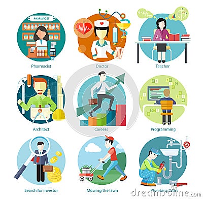Set of Circle Icons with Different Professions Vector Illustration