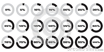 Set of circle percentage diagrams for infographics, 0 5 10 15 20 25 30 35 40 45 50 55 60 65 70 75 80 85 90 95 100 percent Vector Illustration